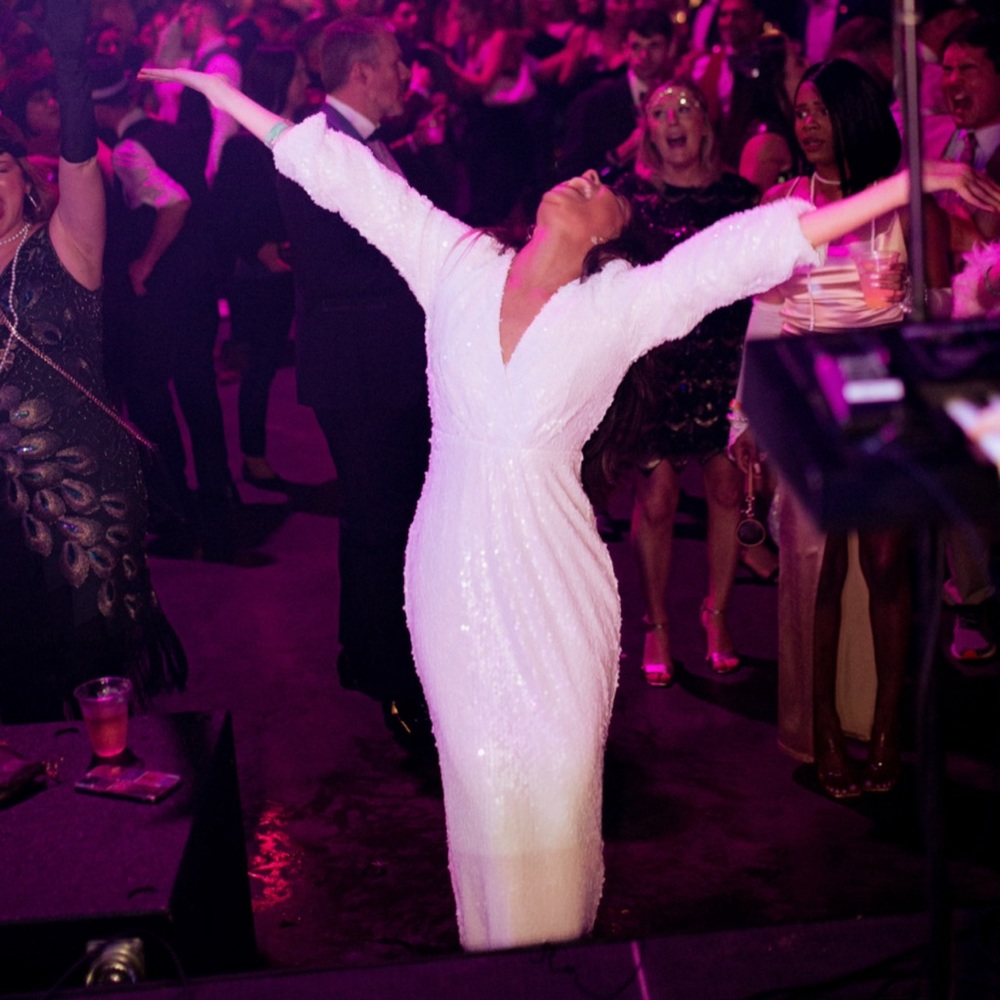 White long sleeve sequined ballgown, medium